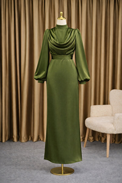 modasusev Elegant Draped Satin Long Hijab Evening Dress