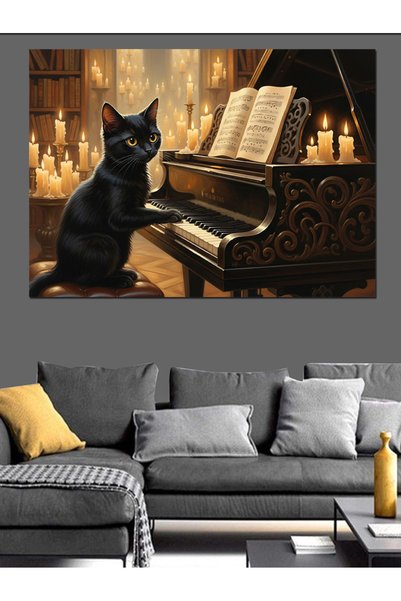 karizmart Piyano Çalan Modern Siyah Kedi Dekoratif Kanvas - Mdf Ahşap Tablo