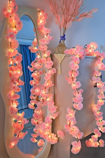 Saule Pembe Kiraz Çiçeği Sarmaşığı ve 3 Metre LED Işık Seti - Yapay Çiçek Sar...