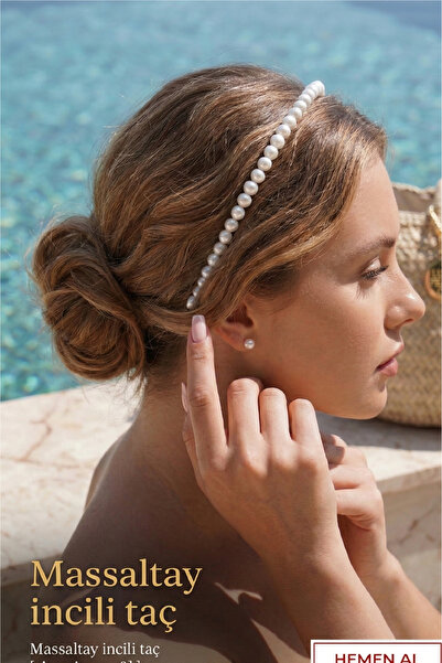 Massaltay Kadın Krem İncili Moda İnci Tacı Şık ve Zarif Saç Aksesuarı