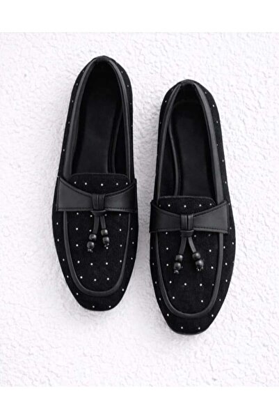Klay Shoes Kadın Ahşap Boncuk Detaylı Püsküllü Loafer Günlük Babet