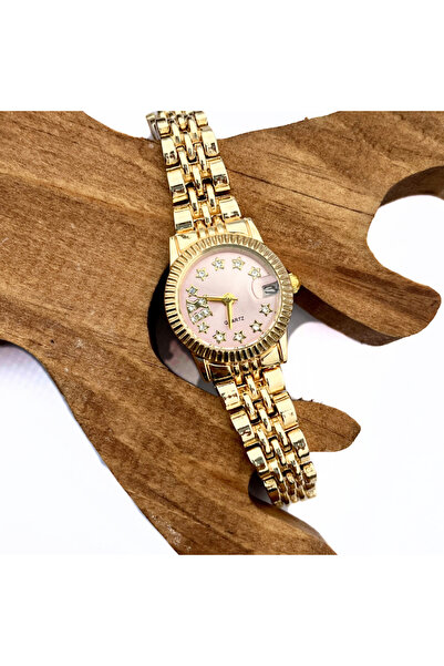 QUARTZ Roc Pembe Kadran Altın Kordon Çelik Kasa Kadın Kol Saati