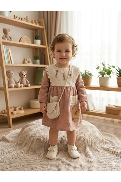VaVbaby دانتيل تفاصيل على الياقة قطن قطعة فستان أطفال وميني حقيبة كتف