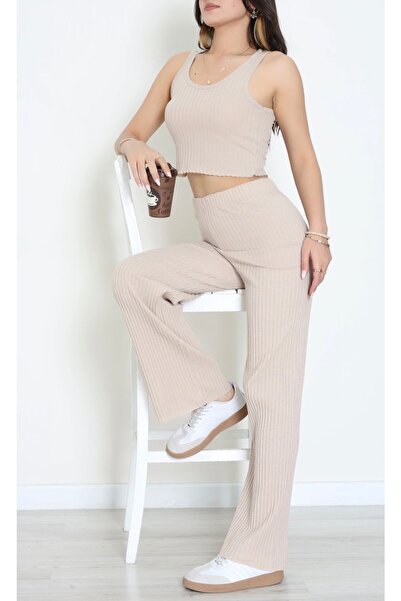 DuRu LiNe 🌟 Şık ve Rahat Bej Kaşkorse Takım 👚 Crop Atlet & Geniş Paça Panto...