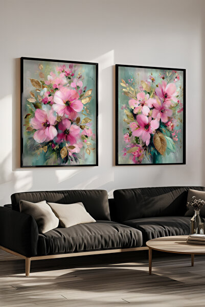 STARYUNA Black Wooden Framed Pink Flower and Gold Detailed Double Painting Se...