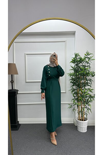 Nisa Nalbantoğlu Scuba Button Detailed Hijab Dress