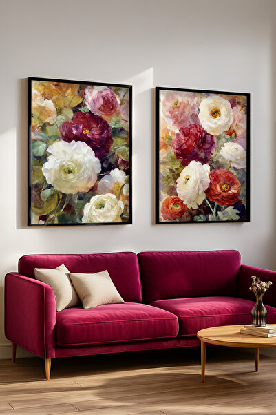 STARYUNA Black Wooden Framed Colorful Flower Bouquet Double Painting Set Yuna595