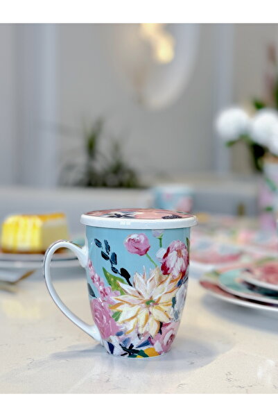 Saatistan Peony Desenli 570 ml Bone China Porselen Kapaklı ve Süzgeçli Kupa
