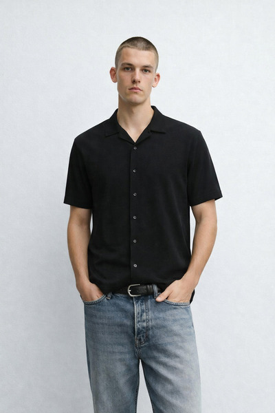 DAMGA JEANS Men's Short Sleeve Stretchy Black Loose-Fit Shirt