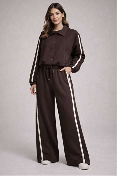 Quzu High Waist Trousers with Stripe Lettering Detail Brown