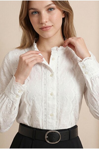 NEFESSE Vintage Gömlek Brode İşlemeli Bluz -Beyaz