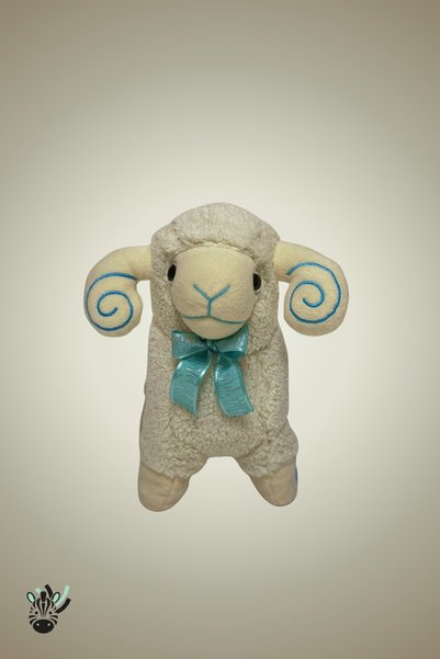 Zebra Toys Cute Cream Plush Curly Ram Toy – with Blue Bow, Soft-Textured Horn Detail