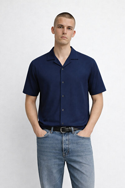 DAMGA JEANS Men's Short Sleeve Stretchy Navy Blue Loose Shirt