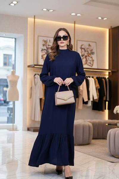 Polologin Butik Navy Blue Hakim Collar Ruffled Maxi Dress - Balloon Sleeve De...