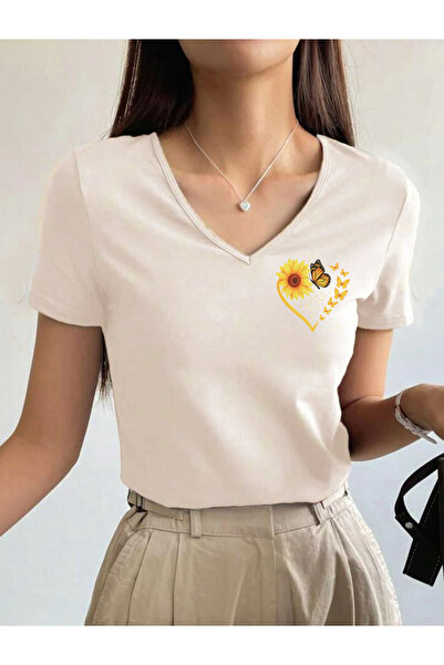 SUNFREE Spring Themed Butterfly Sunflower Heart Design Ba Printed Yaka Basic ...