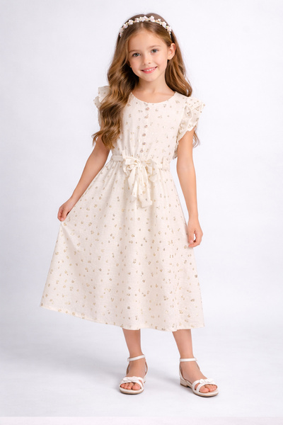 FOR GIRLS GoldenBloom Cream Foil Detail Girls Dress