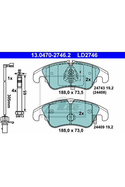 Ate Σετ τακάκια φρένων, δισκόφρενο 13.0470-2746.2