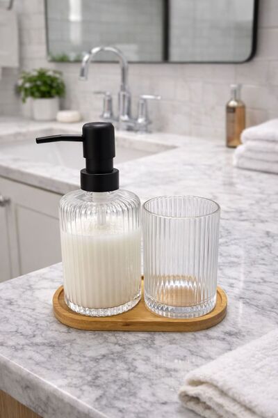 Janset Glass Liquid Soap Dispenser Bathroom with Bamboo Plates