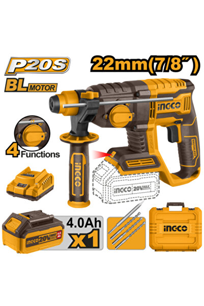 Ingco Cordless rotary hammer 20V - 22mm with 3 drill bits, 1 chisel, 4.0Ah ba...
