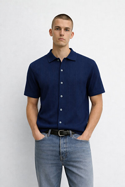 DAMGA JEANS Cămașă largă pentru bărbați, cu model elastic bumbac lu, bleumarin