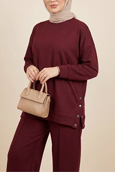 Modamorfo Cimalı Trouser Suit with Snap Buttons on the Sides - Burgundy