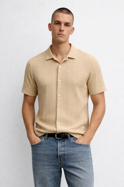 DAMGA JEANS Cămașă largă crem pentru bărbați cu model elastic bumbac lu