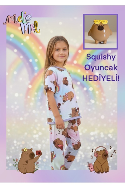 Melomel Pijama Set Cotton Fabric Capybara Patterned and Silvery Fabric