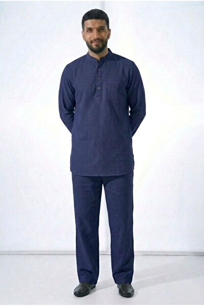 PORİENTO Navy Blue Wide Fit 100% Cotton Muslin Men's Hajj and Umrah Set - Hig...