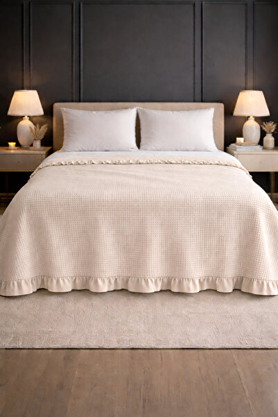 POMELO HOME Ekru %100 Pamuk Fırfırlı Pike Tek Parça Yatak Örtüsü – Şık Modern...