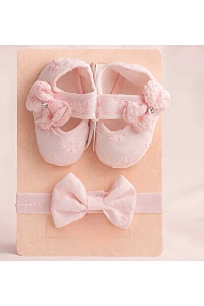 Leylababybutik Set of Eyelet Embroidery Baby Girl Booties & Bandana / 0-3 Months