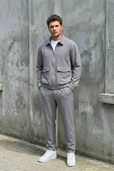 MADZEYMODA Men's Slim C Striped Gray Bottom Top Set Modern Cut Jacket Trouser...