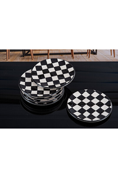 Saatistan Şık Damalı Porselen 6 Parça Pasta Sunum Seti, 6 Kişilik