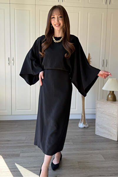 Dilay Gökoğlu Butik Κομψό μίντι μαύρο φόρεμα με μανίκια νυχτερίδα και δέσιμο ...