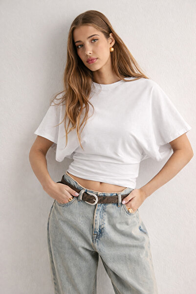 Boi Women's Waist Fitted Wide Sleeve Natural Stretch Fabric Viscose Blouse