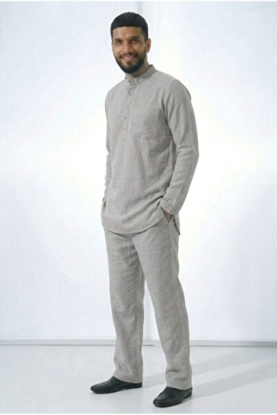 PORİENTO Set pentru bărbați Gri Wide Fit bumbac 100% Muslin pentru Hajj și Um...