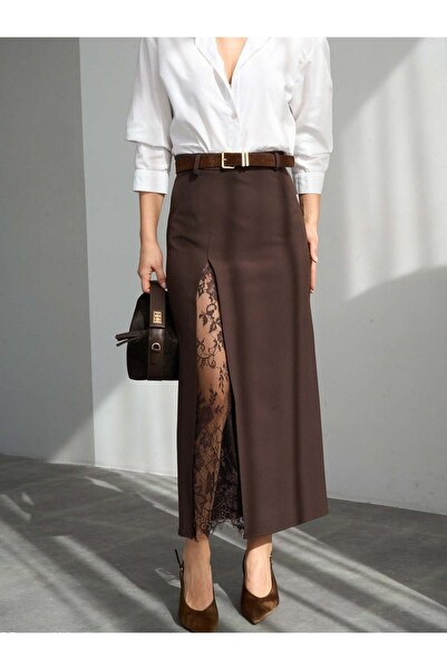 Betül Nayir Slit Lace detailed skirt brown