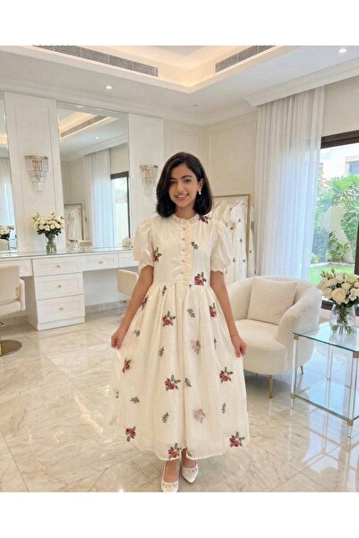 alqarat "Spring Bloom" White Puff-Sleeve Midi Dress