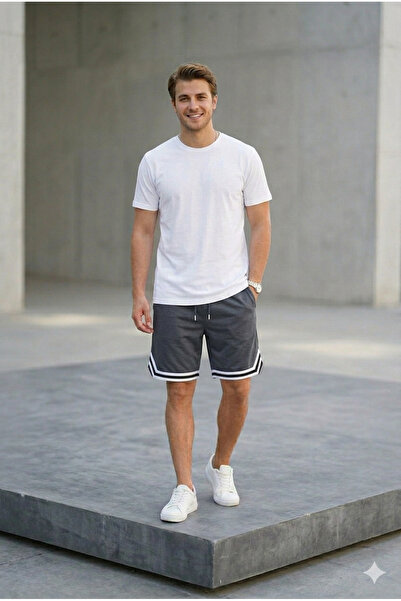 LiyAdaCo Unisex Men's Elastic Waist Gray Striped Summer Shorts