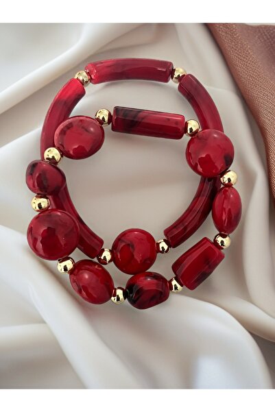 COCOSH TAKI Red Beaded gold detailed double Stretchy combination bracelet