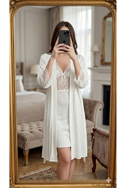 Luma Decor Women's Lace Detailed Nightgown Set with Dressing Gown