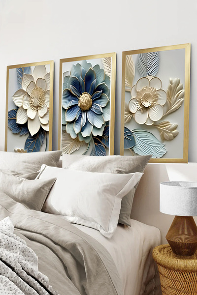 kutuTR Gold Renk Ahşap Çerçeveli Mavi ve Krem Çiçek Temalı 2DUV Baskı 3’lü MD...