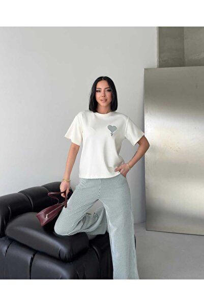 LAVRE Modal Fabric Heart Embroidered Comfortable Striped Double Set