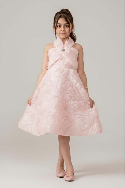 Alesaei-mondo tondo (Girls' pink evening dress with embossed rose pattern S01...