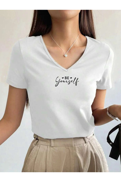 SUNFREE Slogan Be Yourself Printed V-Neck Basic Cotton Pack Women's Combed Co...