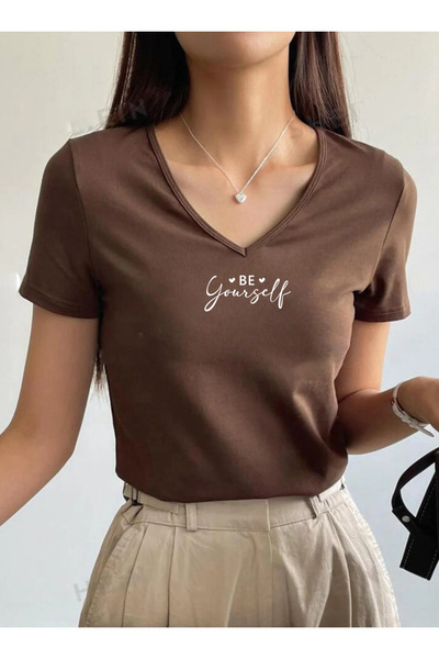 SUNFREE Slogan Be Yourself Printed V-Neck Basic Cotton Pack Women's Combed Co...