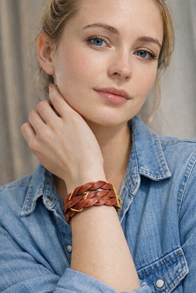Kutcha Accessories Brown Knitted Leather Gold Detailed Women's Bracelet