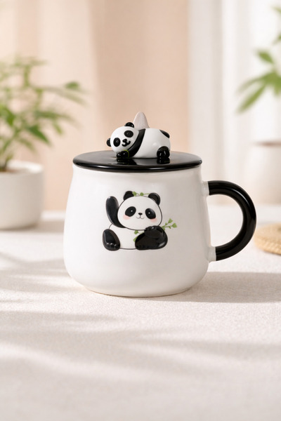 hediyeconcepti Cute Panda Ceramic Mug with Lid 500 ml – Mug with Lid Featurin...