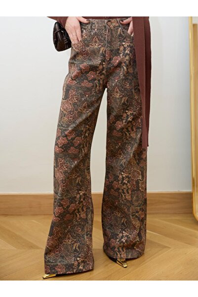 Betül Nayir Ethnic Patterned High Waist Loose Fit Jean Trousers