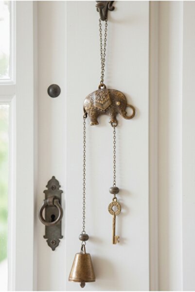 moontime alaçatı Feng Shui Bereket Fili Dilek Anahtarı Pirinç Rüzgar Çanı Kap...