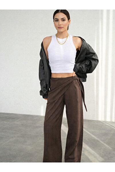 Betül Nayir Brown Striped Women's Trousers with Tie Detail